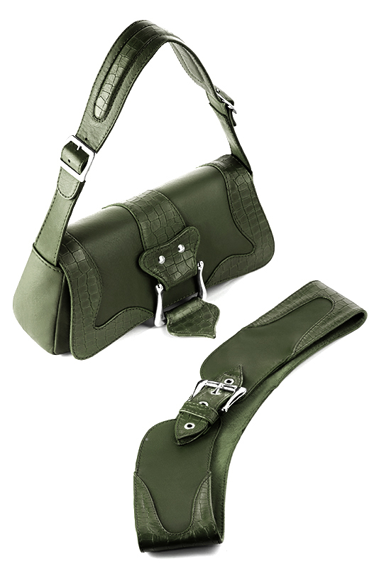 Forest green women's dress belt, matching pumps and bags. Made to measure. Worn view - Florence KOOIJMAN